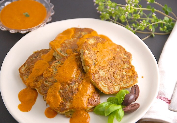 Savory Eggplant Pancakes with Roasted Pepper Sauce