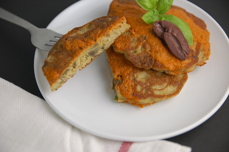 Savory Eggplant Pancakes with Roasted Pepper Sauce