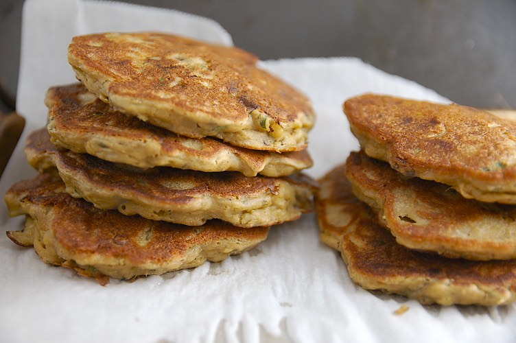 Savory Eggplant Pancakes with Roasted Pepper Sauce