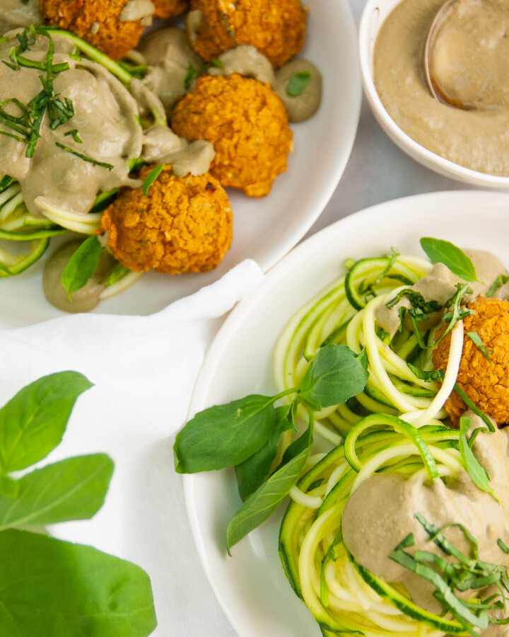 Chickpea Meatballs over Zucchini Noodles with Cashew Basil Sauce