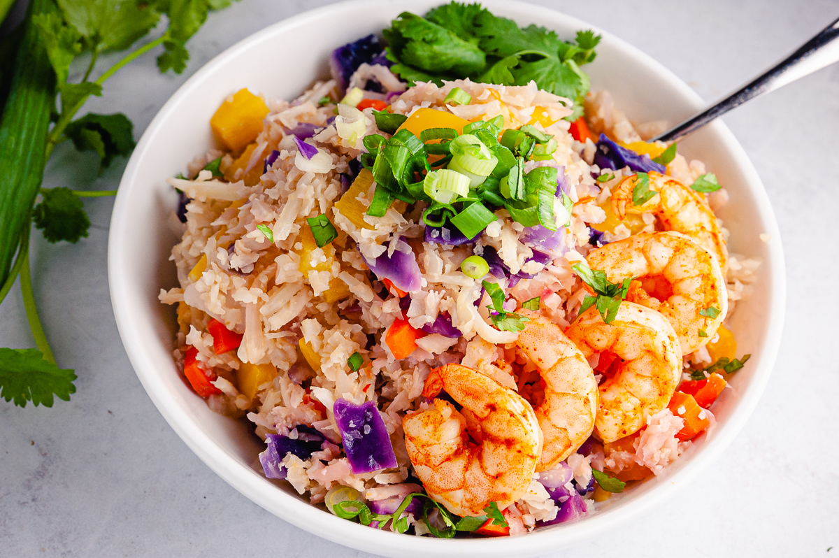 spicy shrimp and cauliflower rice bowl